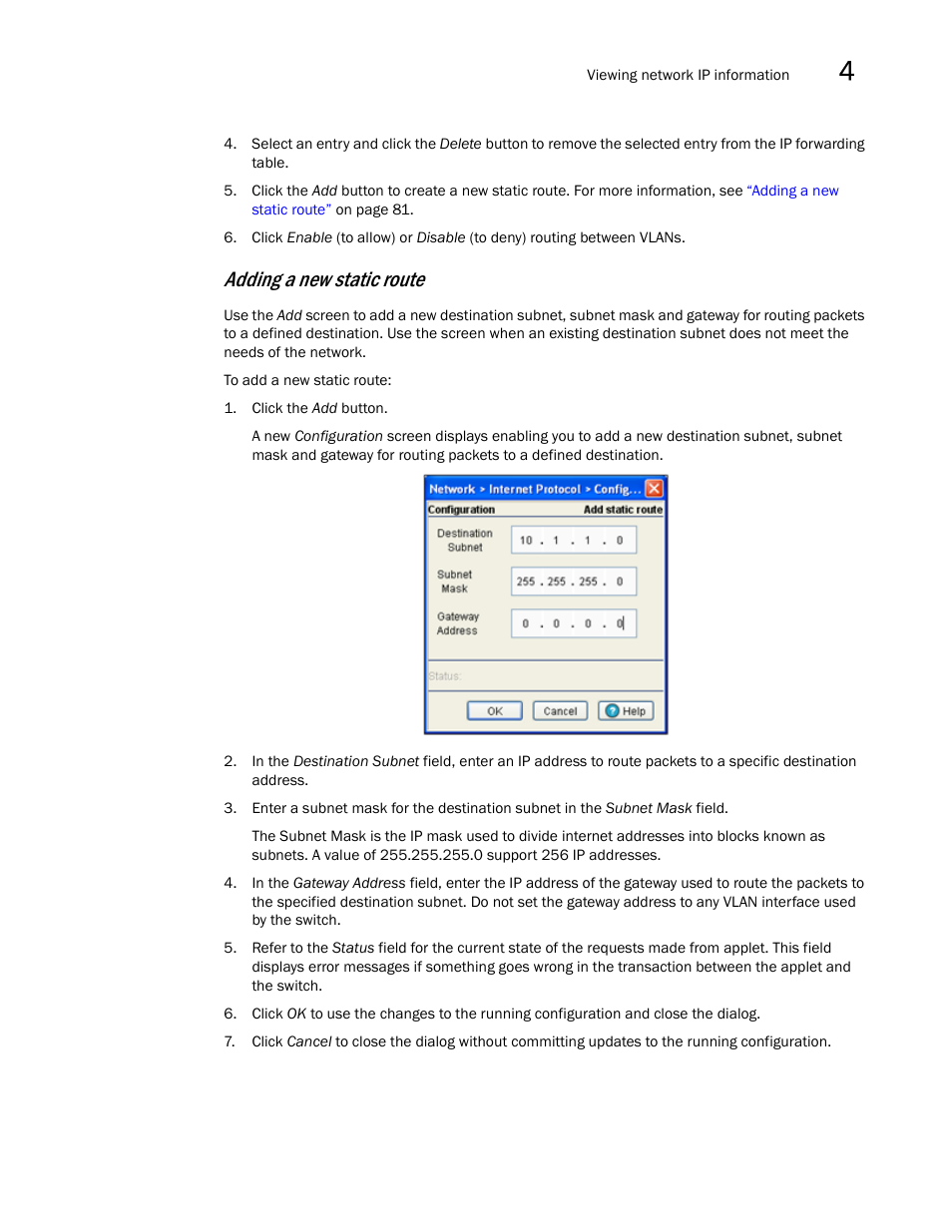 Adding a new static route | Brocade Mobility RFS7000-GR Controller System Reference Guide (Supporting software release 4.1.0.0-040GR and later) User Manual | Page 95 / 556