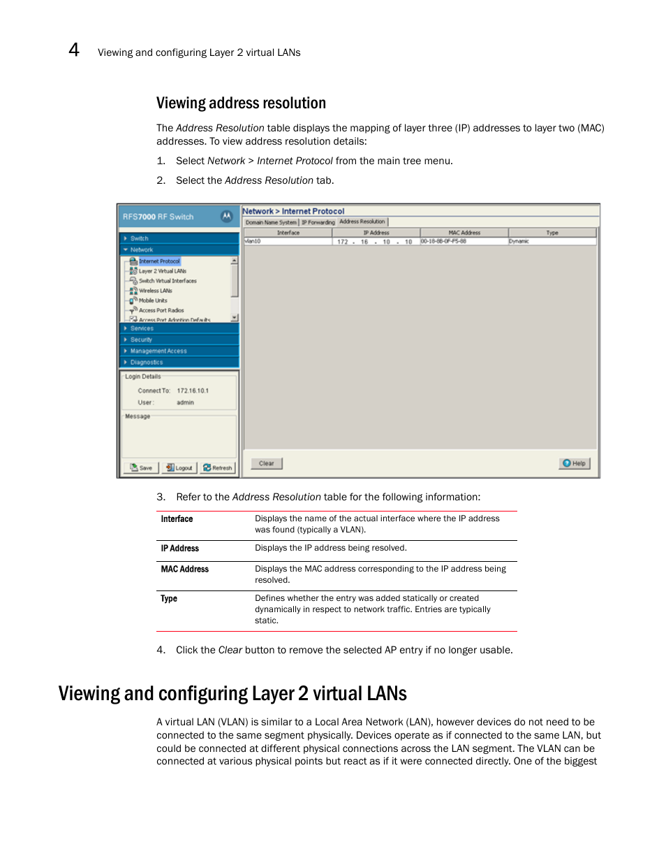 Viewing address resolution, Viewing and configuring layer 2 virtual lans | Brocade Mobility RFS7000-GR Controller System Reference Guide (Supporting software release 4.1.0.0-040GR and later) User Manual | Page 96 / 556