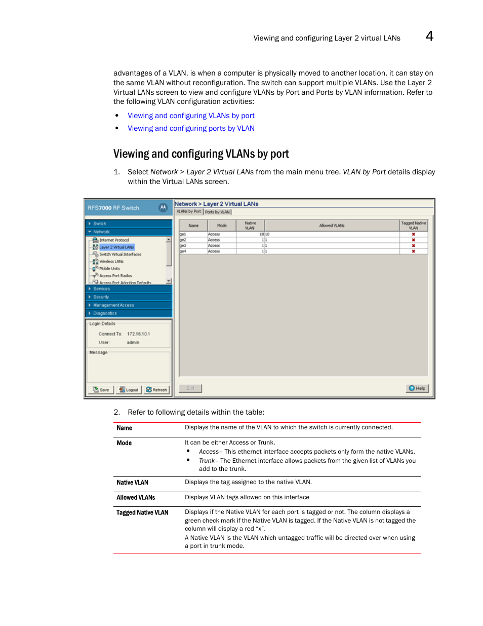 Viewing and configuring vlans by port | Brocade Mobility RFS7000-GR Controller System Reference Guide (Supporting software release 4.1.0.0-040GR and later) User Manual | Page 97 / 556