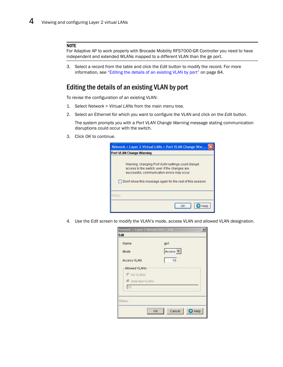 Editing the details of an existing vlan by port | Brocade Mobility RFS7000-GR Controller System Reference Guide (Supporting software release 4.1.0.0-040GR and later) User Manual | Page 98 / 556