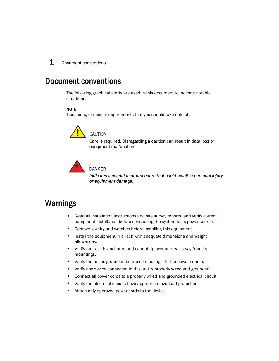 Document conventions, Warnings, Document conventions warnings | Brocade Mobility RFS7000-GR Controller Installation Guide (Supporting software release 4.1.0.0-040GR and later) User Manual | Page 10 / 43