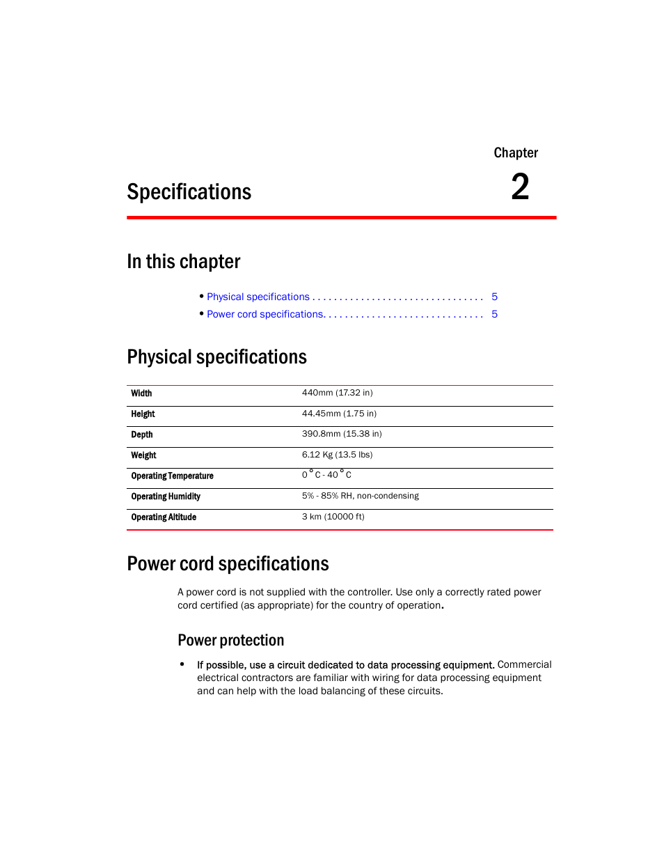 Specifications, Physical specifications, Power cord specifications | Power protection, 2 specifications, Physical specifications power cord specifications | Brocade Mobility RFS7000-GR Controller Installation Guide (Supporting software release 4.1.0.0-040GR and later) User Manual | Page 13 / 43