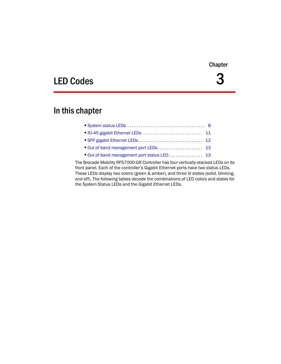Led codes, 3 led codes | Brocade Mobility RFS7000-GR Controller Installation Guide (Supporting software release 4.1.0.0-040GR and later) User Manual | Page 15 / 43
