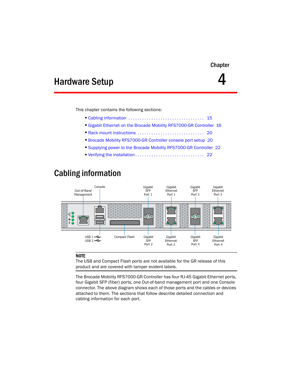 Hardware setup, Cabling information, 4 hardware setup | Chapter | Brocade Mobility RFS7000-GR Controller Installation Guide (Supporting software release 4.1.0.0-040GR and later) User Manual | Page 23 / 43