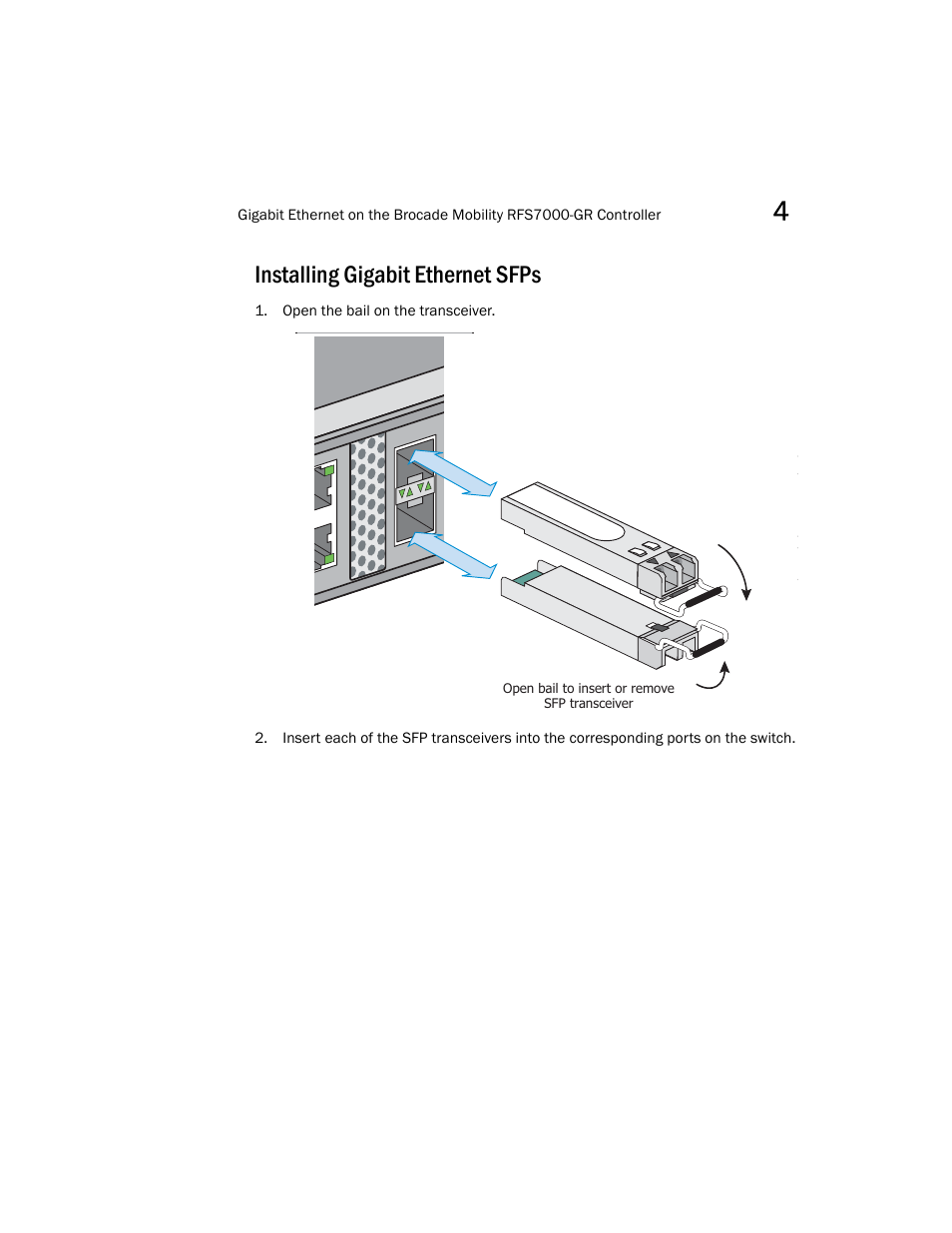 Installing gigabit ethernet sfps | Brocade Mobility RFS7000-GR Controller Installation Guide (Supporting software release 4.1.0.0-040GR and later) User Manual | Page 25 / 43