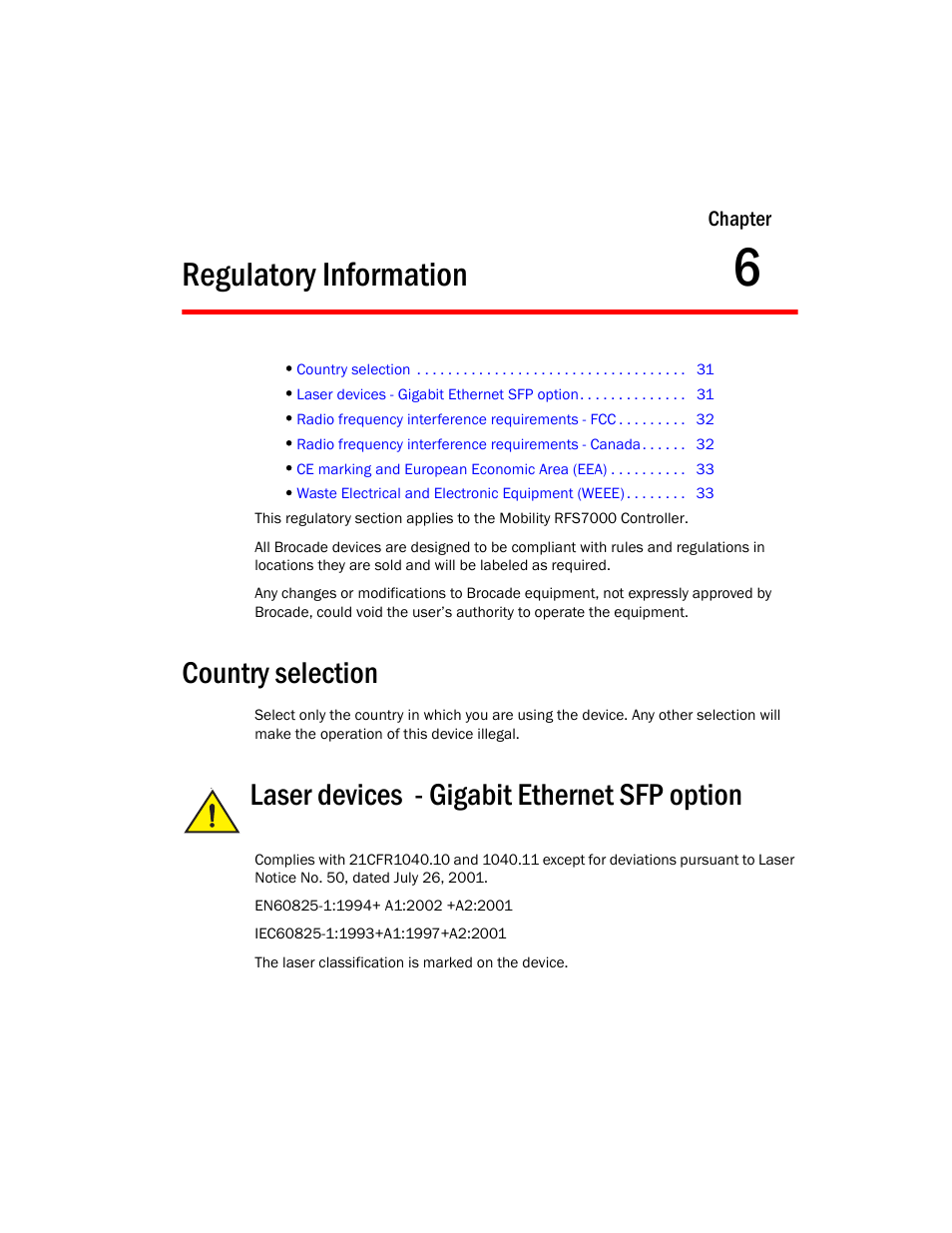 Regulatory information, Country selection, Laser devices - gigabit ethernet sfp option | 6 regulatory information | Brocade Mobility RFS7000-GR Controller Installation Guide (Supporting software release 4.1.0.0-040GR and later) User Manual | Page 39 / 43