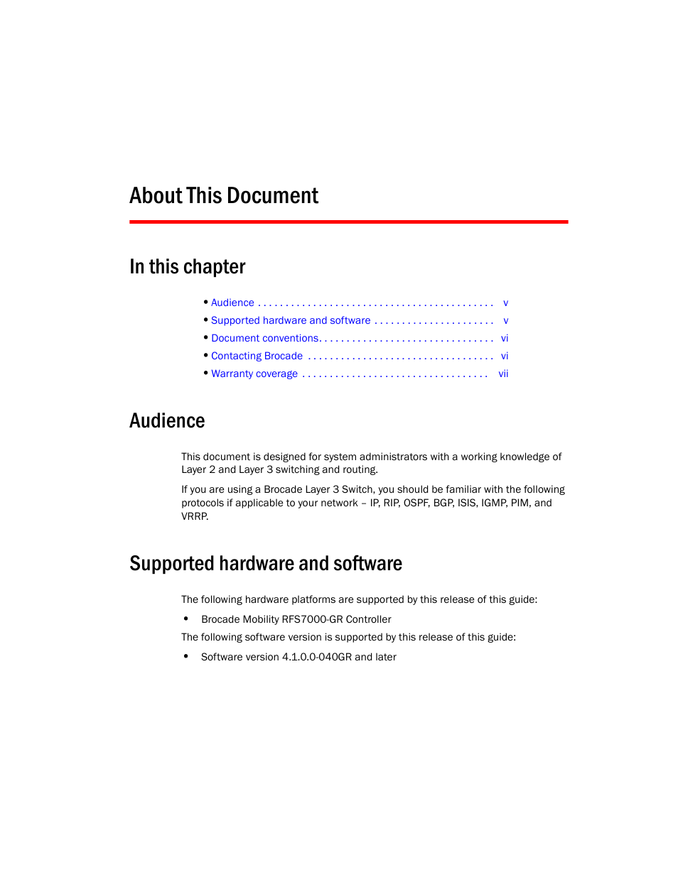 About this document, Audience, Supported hardware and software | Brocade Mobility RFS7000-GR Controller Installation Guide (Supporting software release 4.1.0.0-040GR and later) User Manual | Page 5 / 43