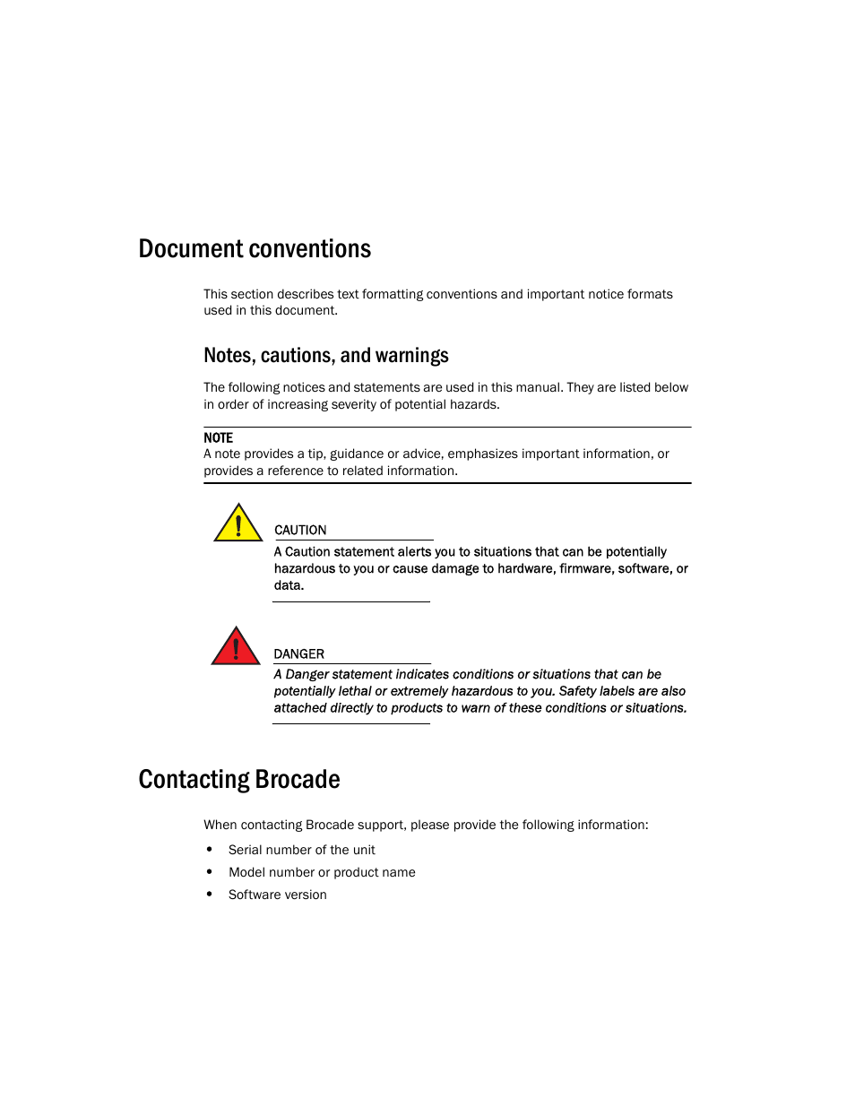 Document conventions, Contacting brocade | Brocade Mobility RFS7000-GR Controller Installation Guide (Supporting software release 4.1.0.0-040GR and later) User Manual | Page 6 / 43