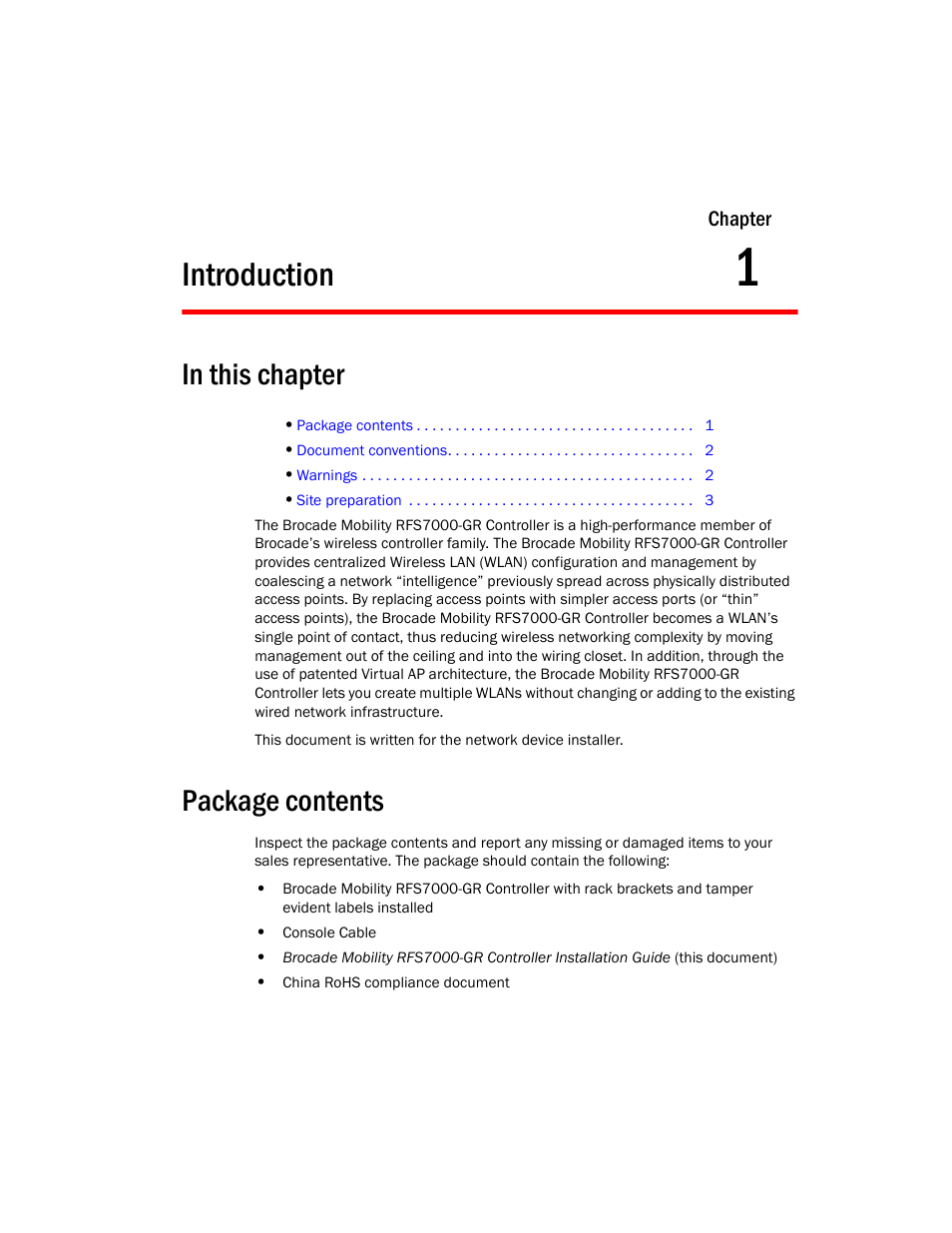 Introduction, Package contents, 1 introduction | Brocade Mobility RFS7000-GR Controller Installation Guide (Supporting software release 4.1.0.0-040GR and later) User Manual | Page 9 / 43