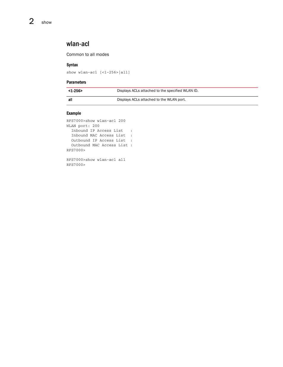 Wlan-acl | Brocade Mobility RFS7000-GR Controller CLI Reference Guide (Supporting software release 4.1.0.0-040GR and later) User Manual | Page 102 / 607