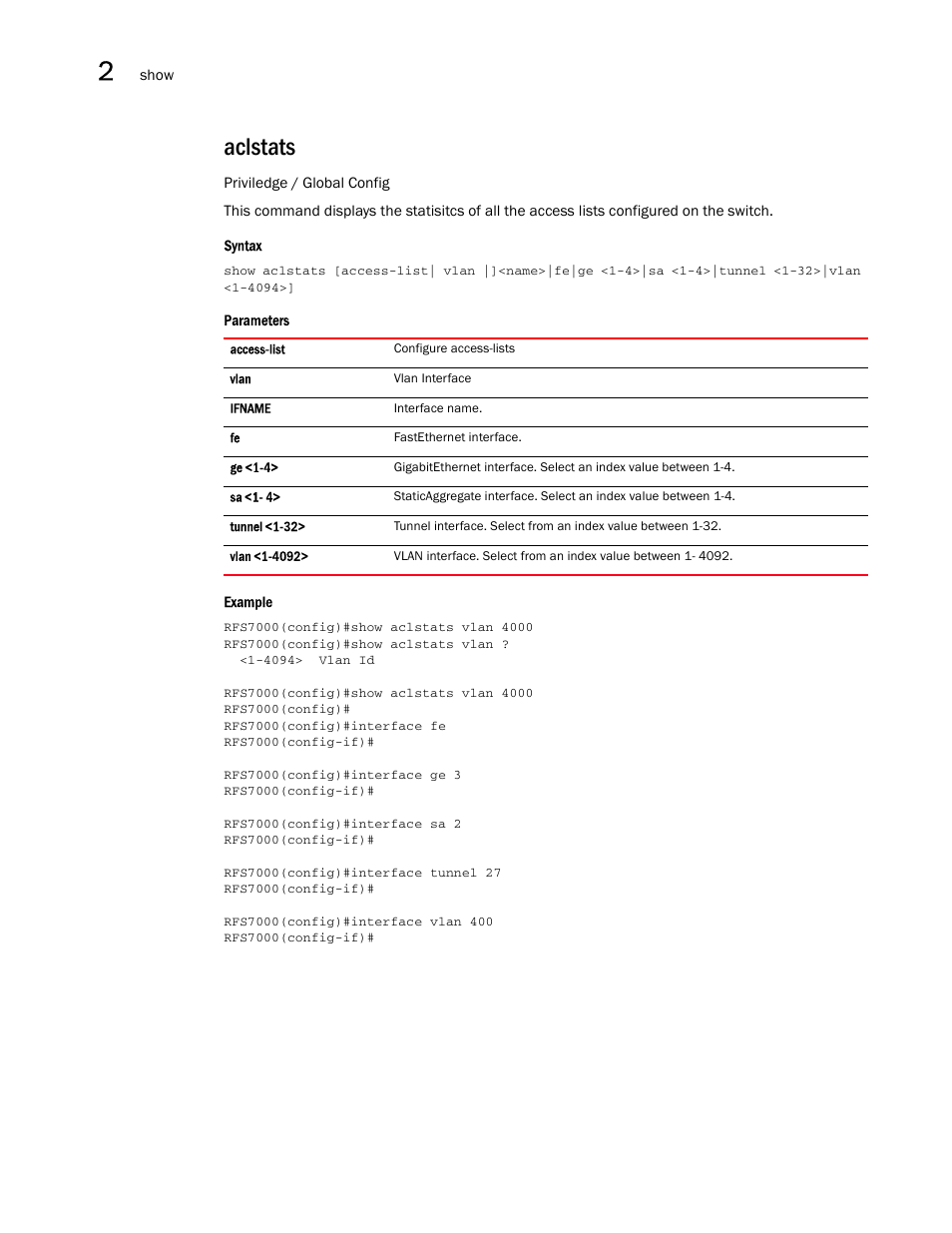 Aclstats | Brocade Mobility RFS7000-GR Controller CLI Reference Guide (Supporting software release 4.1.0.0-040GR and later) User Manual | Page 104 / 607