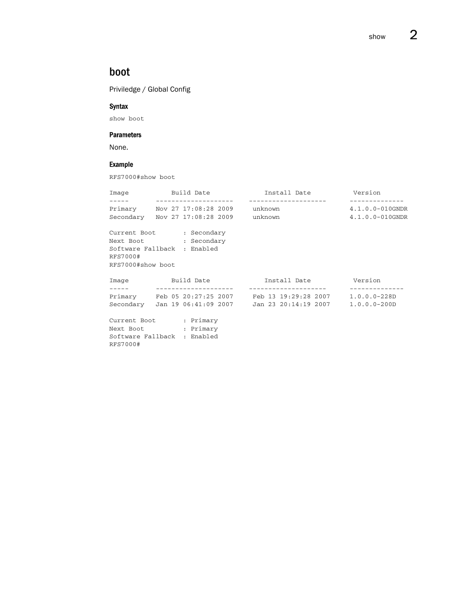 Boot | Brocade Mobility RFS7000-GR Controller CLI Reference Guide (Supporting software release 4.1.0.0-040GR and later) User Manual | Page 105 / 607