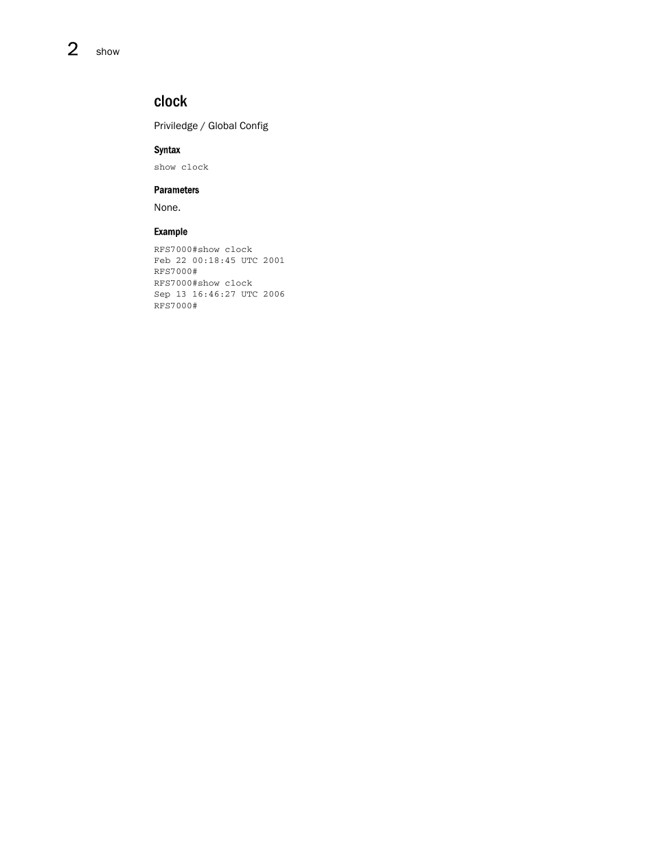 Clock | Brocade Mobility RFS7000-GR Controller CLI Reference Guide (Supporting software release 4.1.0.0-040GR and later) User Manual | Page 106 / 607