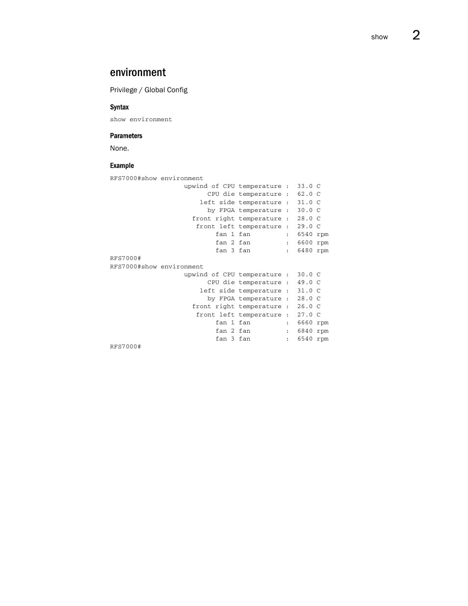 Environment | Brocade Mobility RFS7000-GR Controller CLI Reference Guide (Supporting software release 4.1.0.0-040GR and later) User Manual | Page 109 / 607