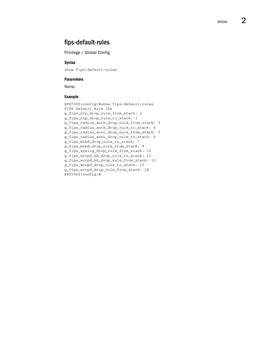 Fips-default-rules | Brocade Mobility RFS7000-GR Controller CLI Reference Guide (Supporting software release 4.1.0.0-040GR and later) User Manual | Page 111 / 607