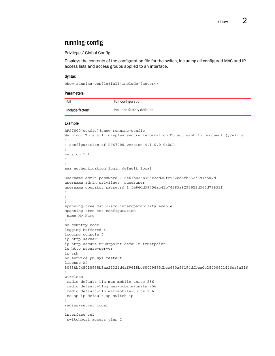 Running-config | Brocade Mobility RFS7000-GR Controller CLI Reference Guide (Supporting software release 4.1.0.0-040GR and later) User Manual | Page 113 / 607