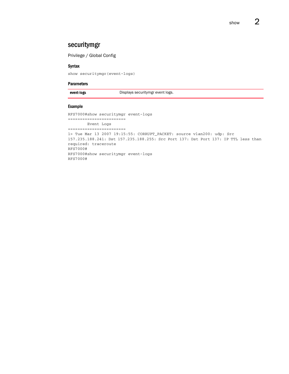 Securitymgr | Brocade Mobility RFS7000-GR Controller CLI Reference Guide (Supporting software release 4.1.0.0-040GR and later) User Manual | Page 115 / 607