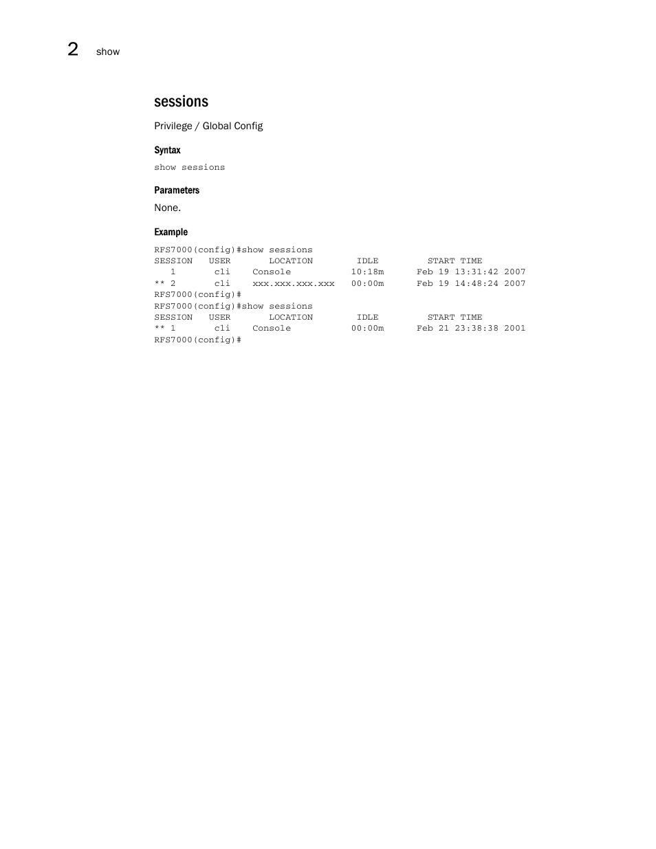 Sessions | Brocade Mobility RFS7000-GR Controller CLI Reference Guide (Supporting software release 4.1.0.0-040GR and later) User Manual | Page 116 / 607