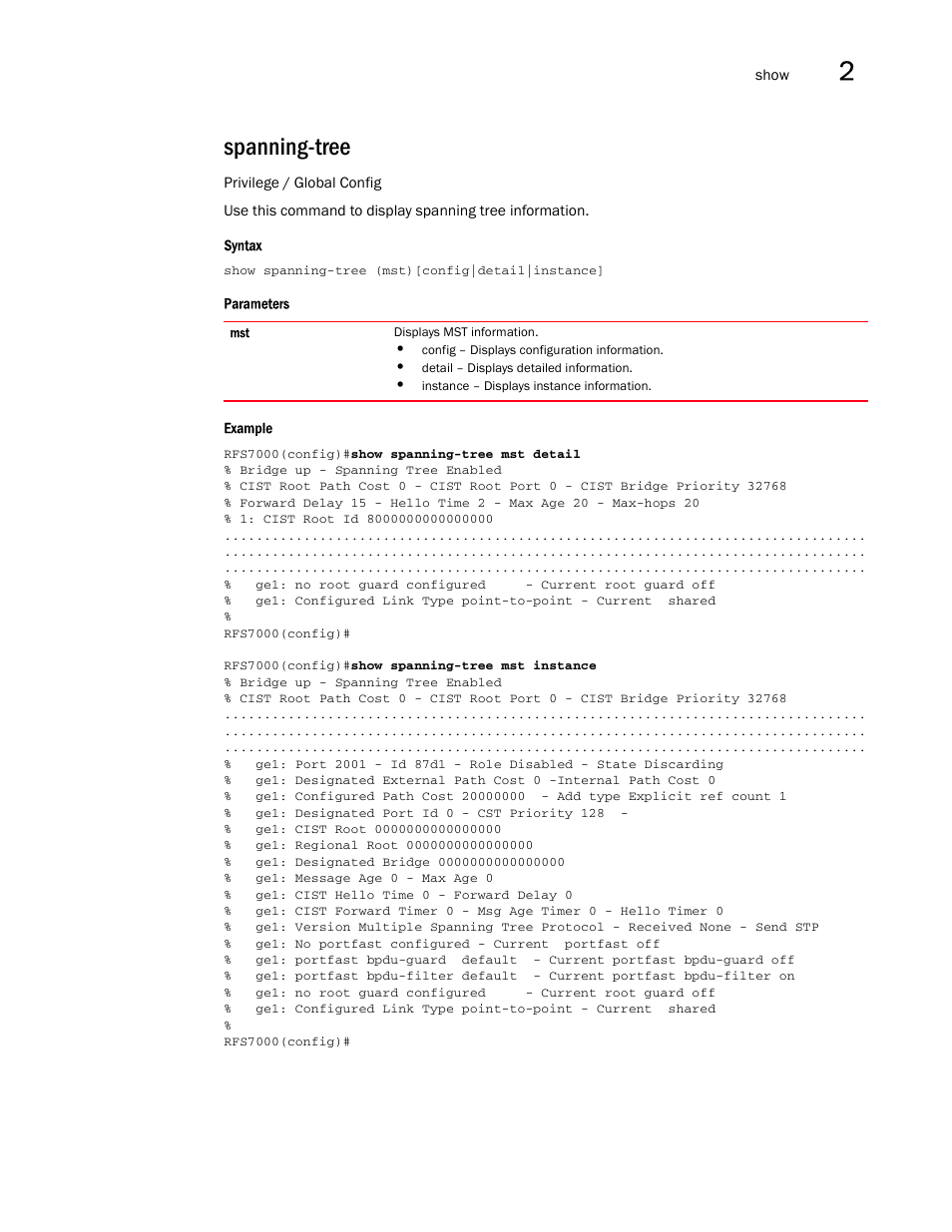 Spanning-tree | Brocade Mobility RFS7000-GR Controller CLI Reference Guide (Supporting software release 4.1.0.0-040GR and later) User Manual | Page 117 / 607
