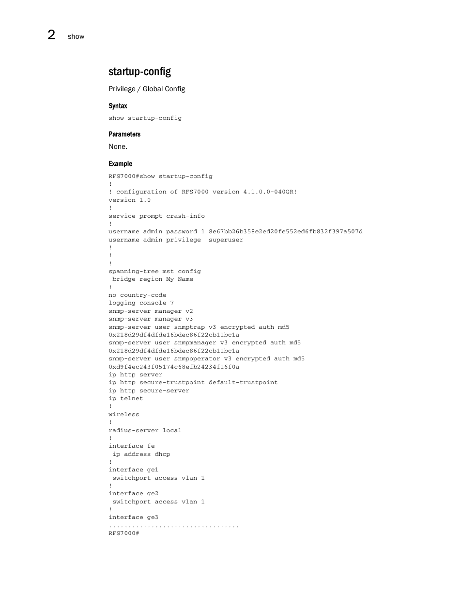 Startup-config | Brocade Mobility RFS7000-GR Controller CLI Reference Guide (Supporting software release 4.1.0.0-040GR and later) User Manual | Page 118 / 607