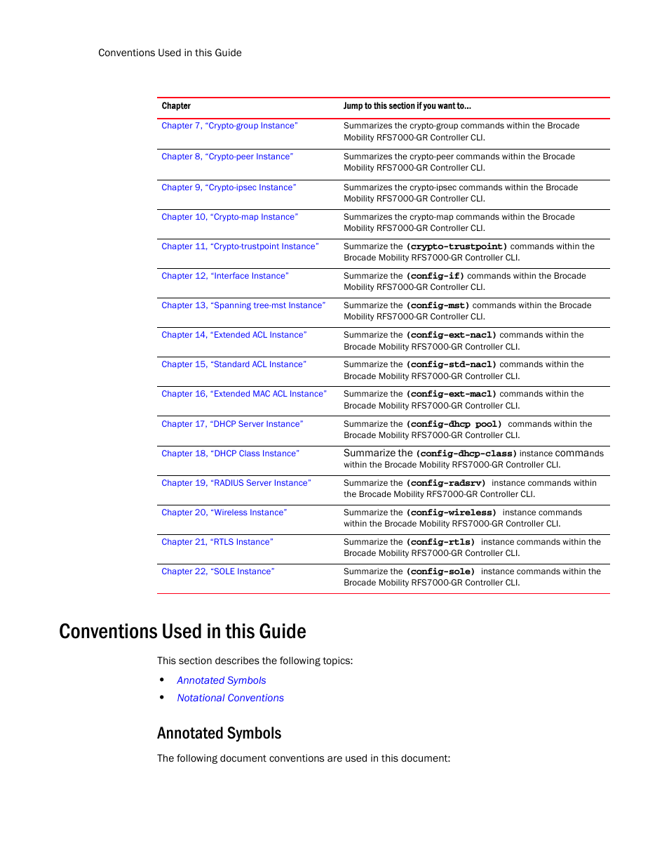 Conventions used in this guide, Annotated symbols | Brocade Mobility RFS7000-GR Controller CLI Reference Guide (Supporting software release 4.1.0.0-040GR and later) User Manual | Page 12 / 607