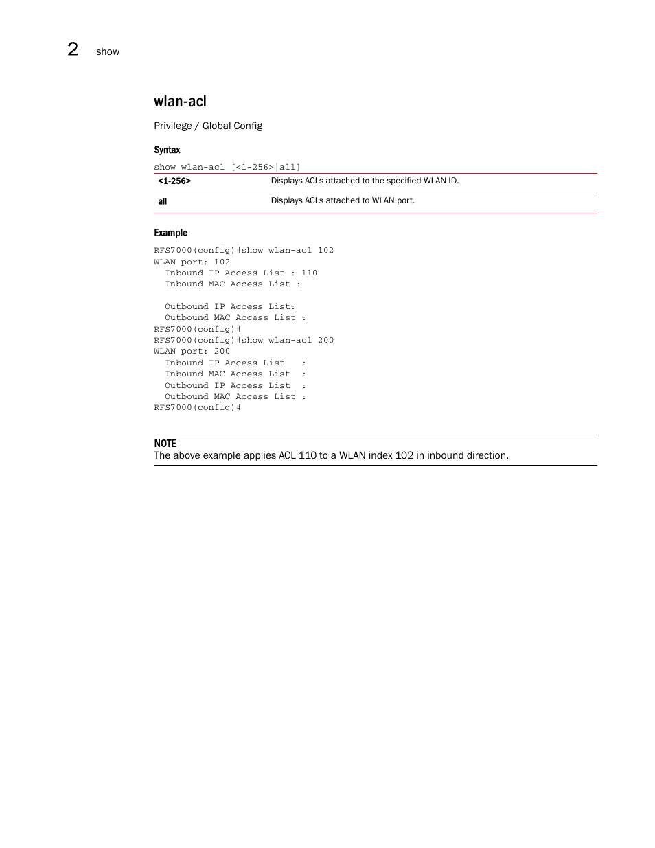 Wlan-acl | Brocade Mobility RFS7000-GR Controller CLI Reference Guide (Supporting software release 4.1.0.0-040GR and later) User Manual | Page 120 / 607