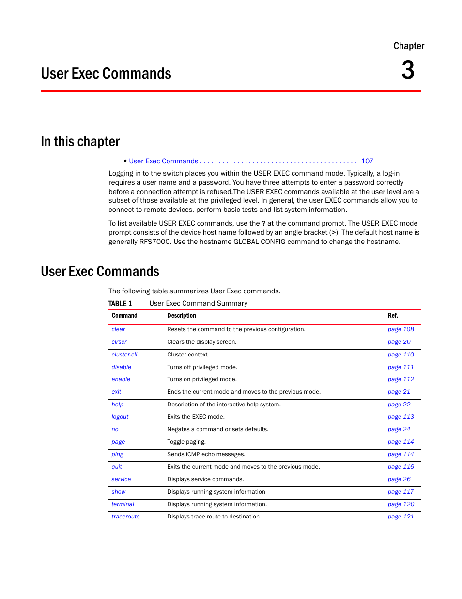 User exec commands, In this chapter, 3 user exec commands | Chapter 3, “user exec commands, Chapter | Brocade Mobility RFS7000-GR Controller CLI Reference Guide (Supporting software release 4.1.0.0-040GR and later) User Manual | Page 121 / 607