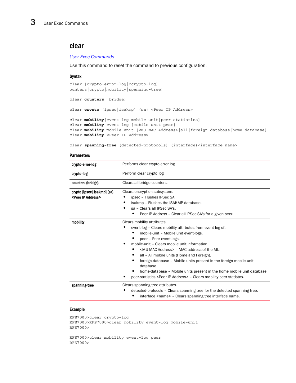 Clear | Brocade Mobility RFS7000-GR Controller CLI Reference Guide (Supporting software release 4.1.0.0-040GR and later) User Manual | Page 122 / 607