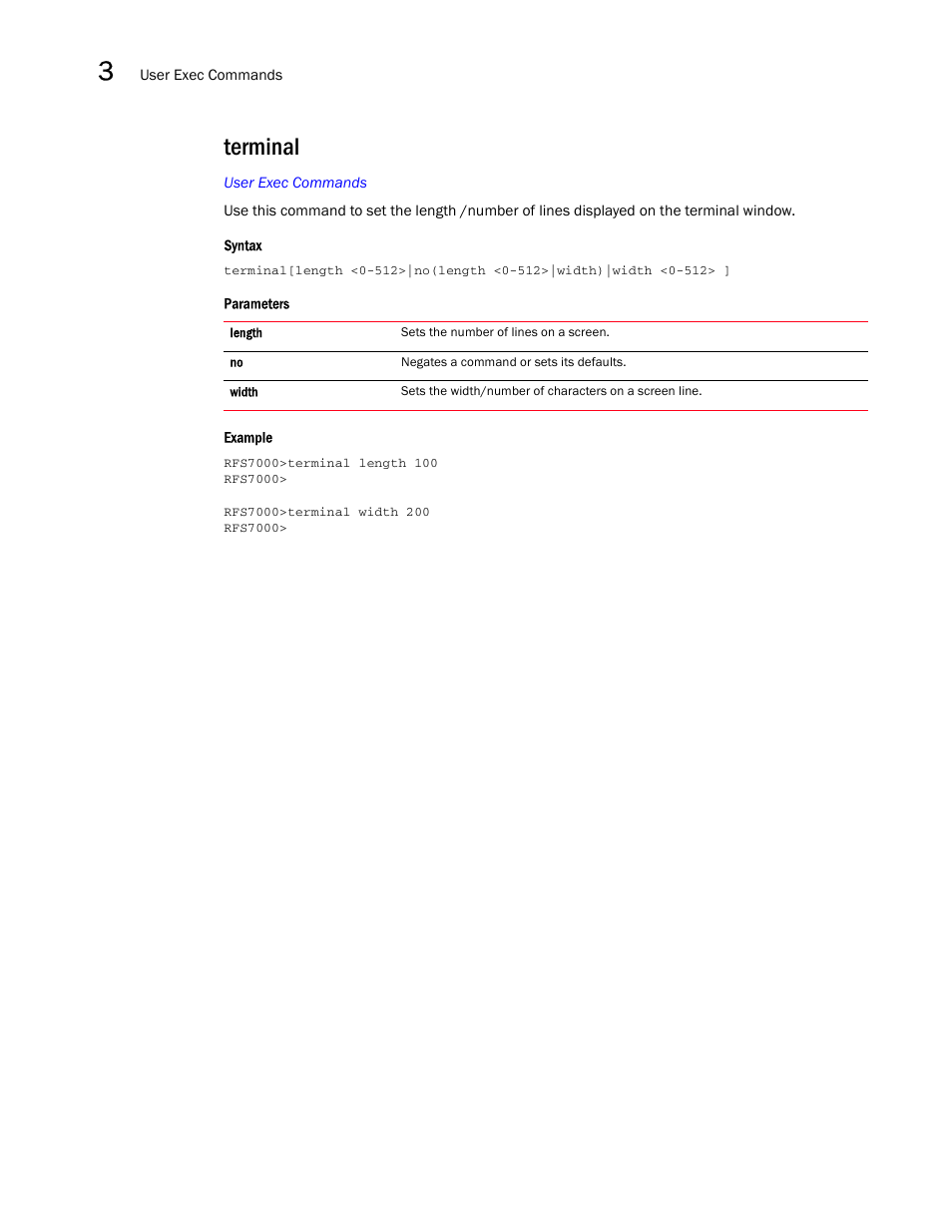 Terminal | Brocade Mobility RFS7000-GR Controller CLI Reference Guide (Supporting software release 4.1.0.0-040GR and later) User Manual | Page 134 / 607