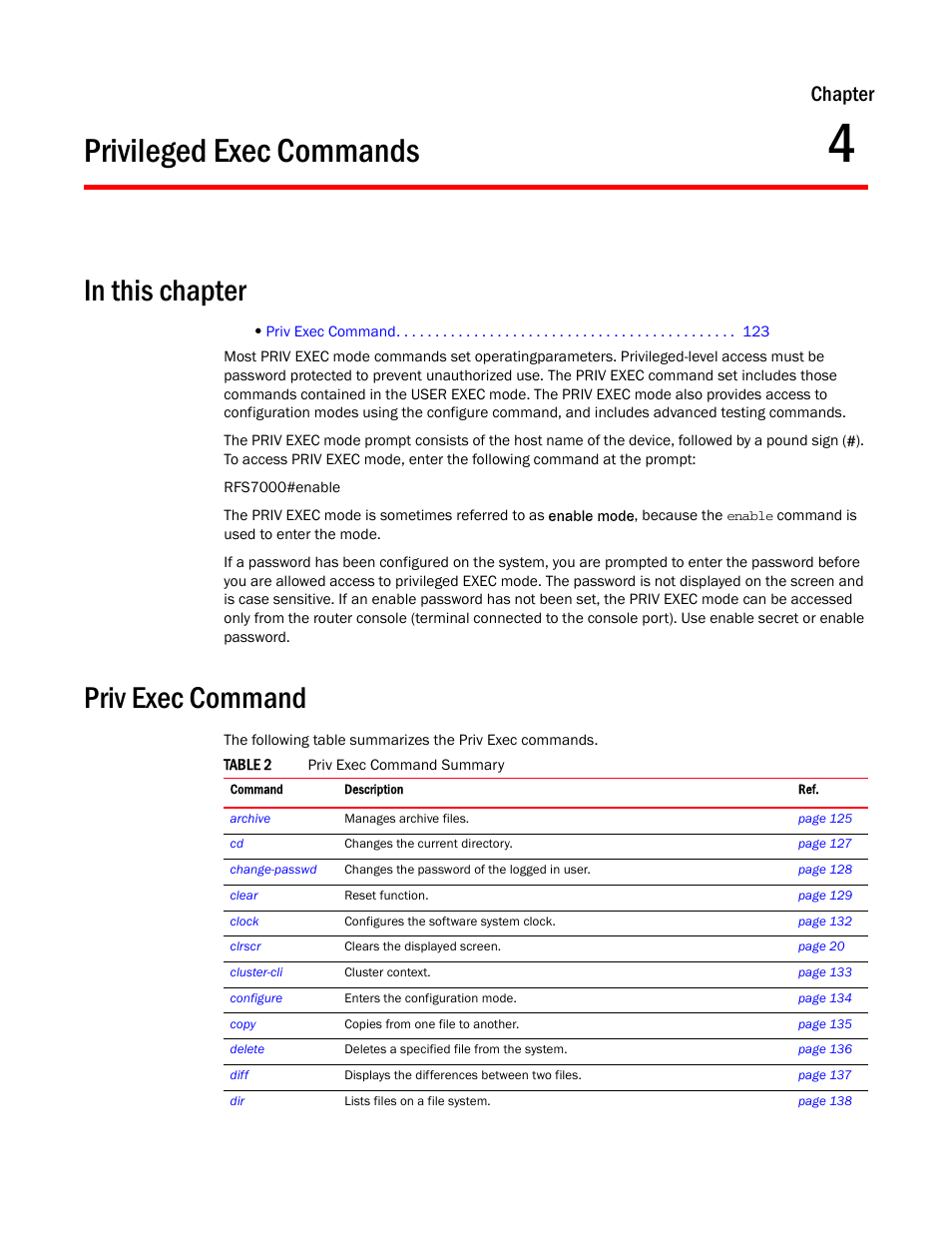 Privileged exec commands, In this chapter, Priv exec command | 4 privileged exec commands, Chapter 4, “privileged exec commands, Chapter | Brocade Mobility RFS7000-GR Controller CLI Reference Guide (Supporting software release 4.1.0.0-040GR and later) User Manual | Page 137 / 607