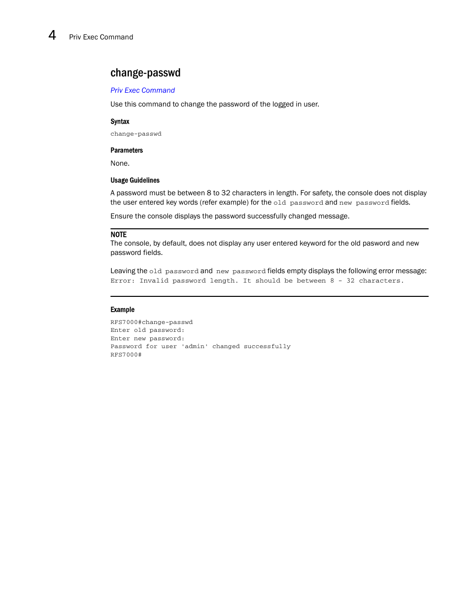 Change-passwd | Brocade Mobility RFS7000-GR Controller CLI Reference Guide (Supporting software release 4.1.0.0-040GR and later) User Manual | Page 142 / 607