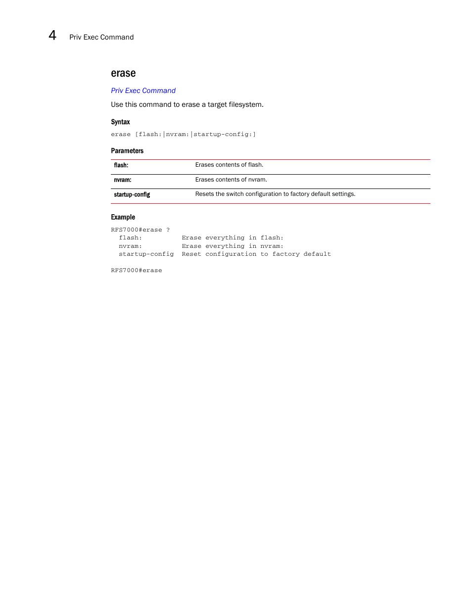 Erase | Brocade Mobility RFS7000-GR Controller CLI Reference Guide (Supporting software release 4.1.0.0-040GR and later) User Manual | Page 156 / 607