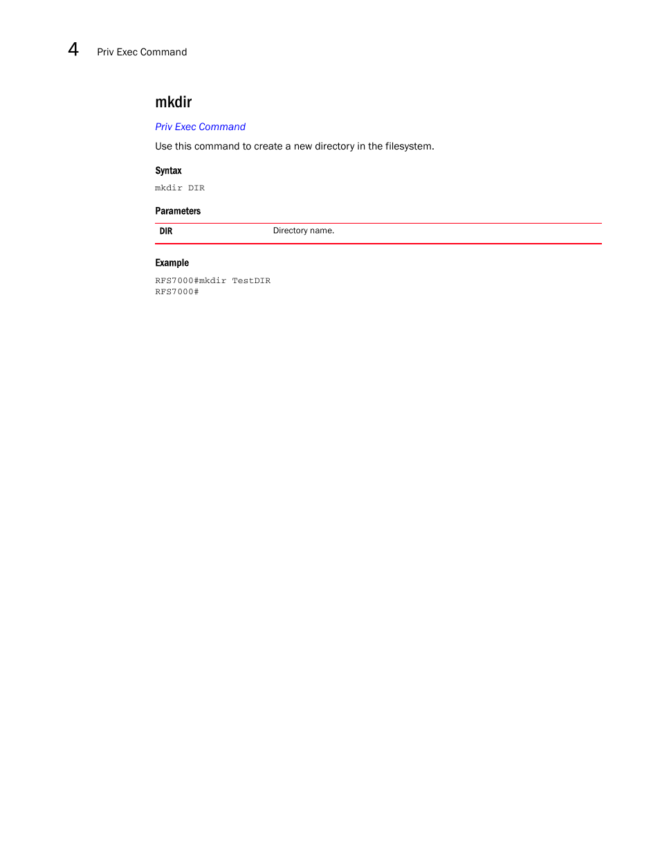 Mkdir | Brocade Mobility RFS7000-GR Controller CLI Reference Guide (Supporting software release 4.1.0.0-040GR and later) User Manual | Page 160 / 607