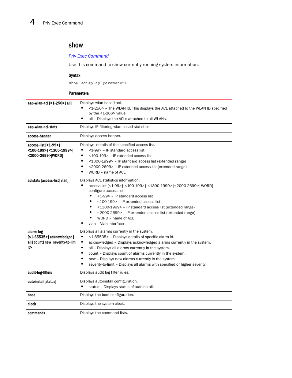 Show | Brocade Mobility RFS7000-GR Controller CLI Reference Guide (Supporting software release 4.1.0.0-040GR and later) User Manual | Page 170 / 607