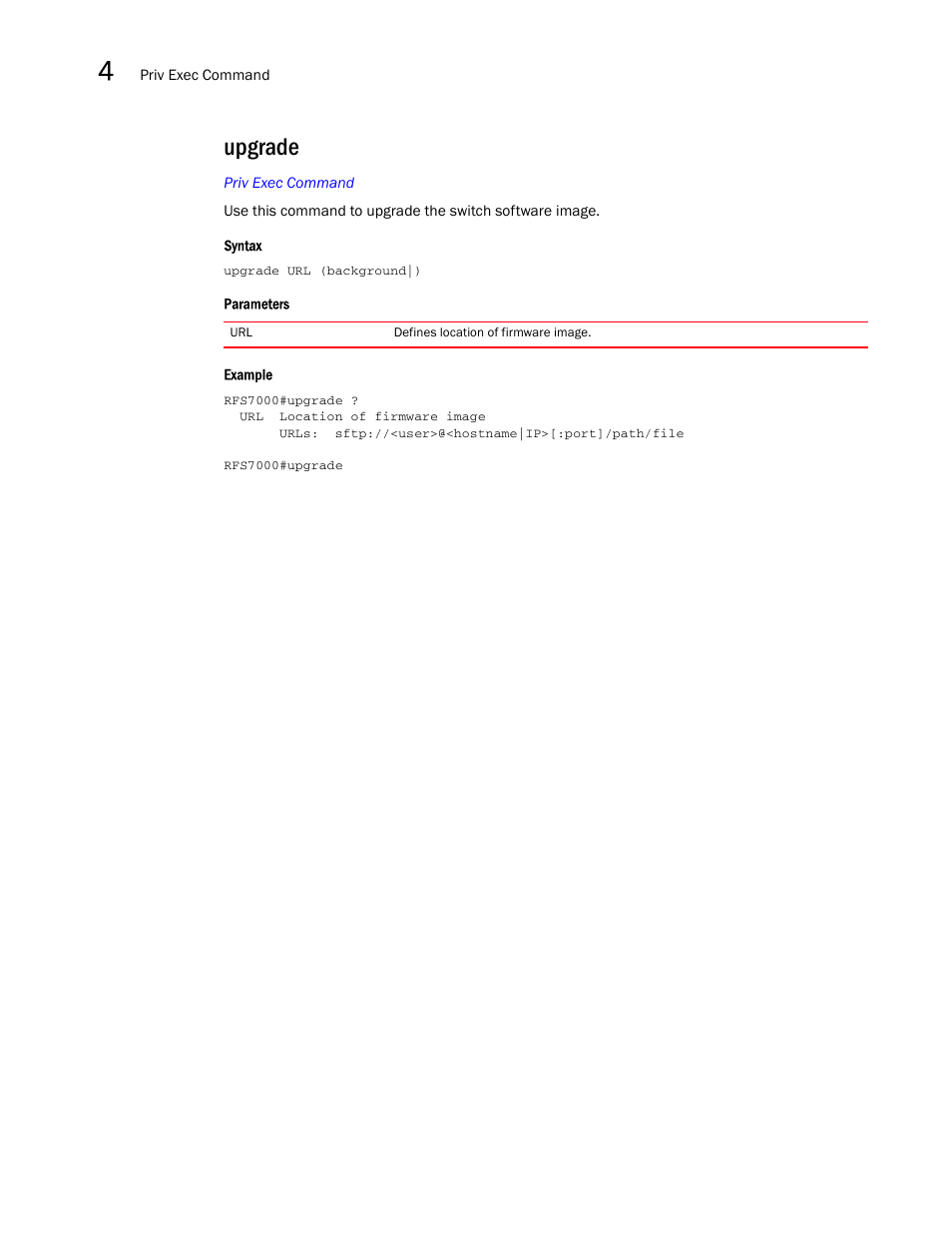 Upgrade | Brocade Mobility RFS7000-GR Controller CLI Reference Guide (Supporting software release 4.1.0.0-040GR and later) User Manual | Page 180 / 607