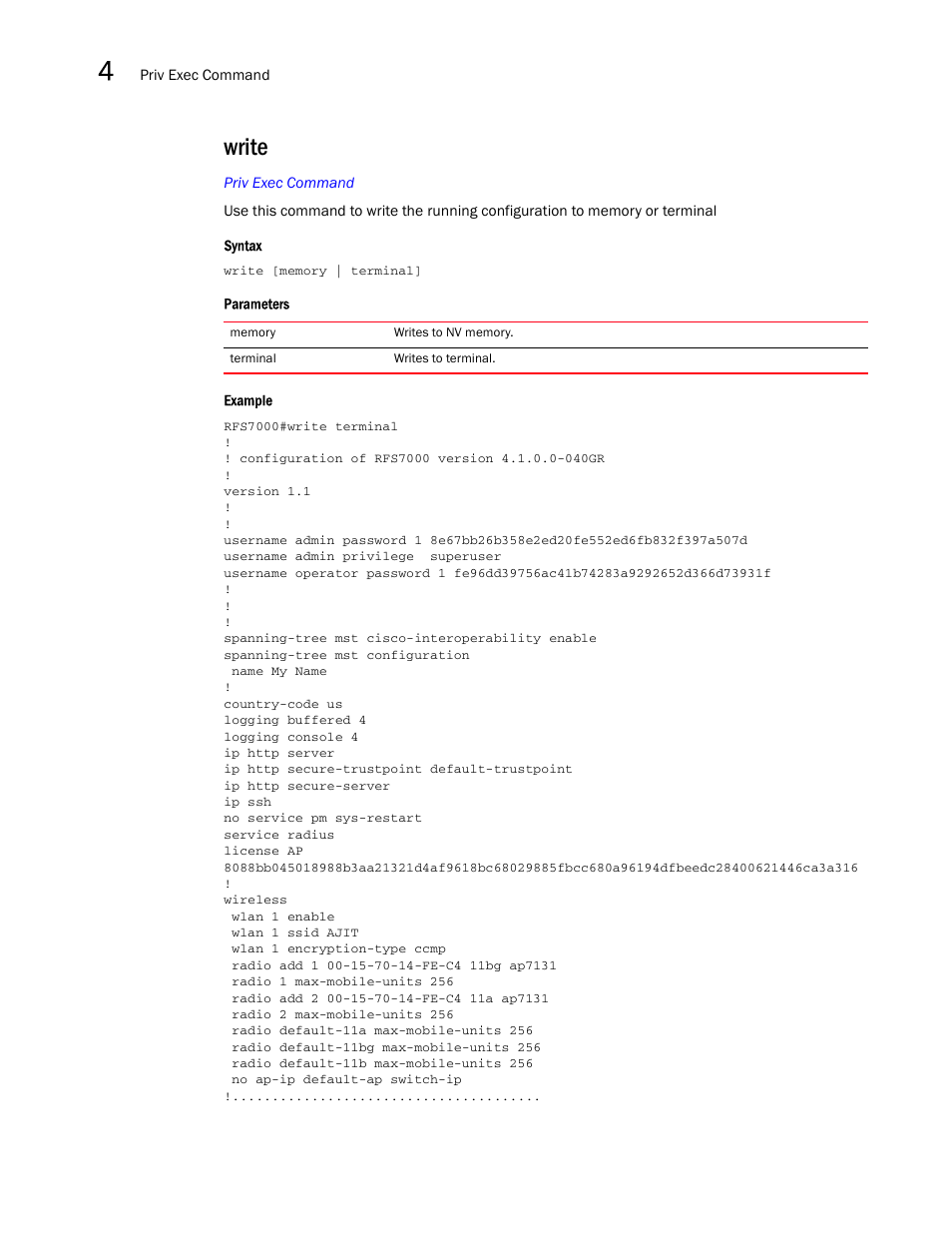 Write | Brocade Mobility RFS7000-GR Controller CLI Reference Guide (Supporting software release 4.1.0.0-040GR and later) User Manual | Page 182 / 607