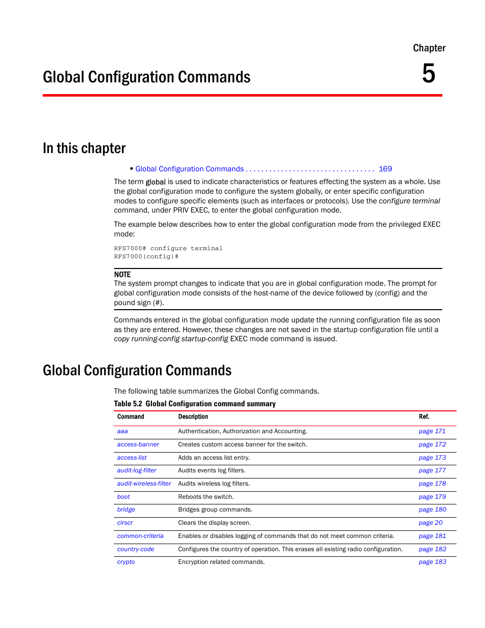 Global configuration commands, In this chapter, 5 global configuration commands | Chapter 5, “global configuration commands, Chapter | Brocade Mobility RFS7000-GR Controller CLI Reference Guide (Supporting software release 4.1.0.0-040GR and later) User Manual | Page 183 / 607