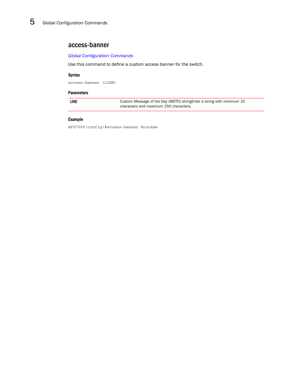Access-banner | Brocade Mobility RFS7000-GR Controller CLI Reference Guide (Supporting software release 4.1.0.0-040GR and later) User Manual | Page 186 / 607