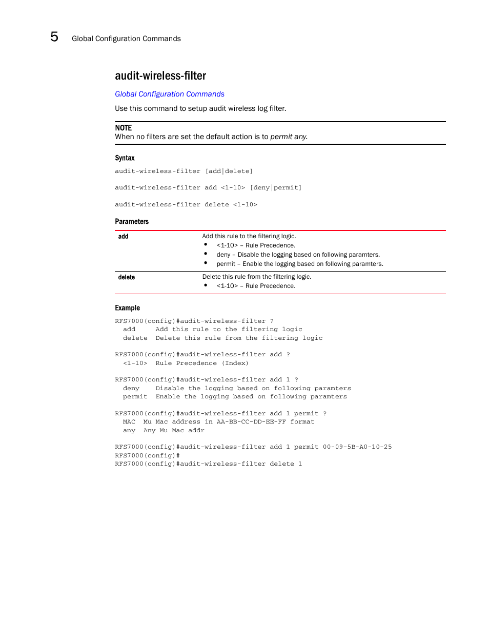 Audit-wireless-filter | Brocade Mobility RFS7000-GR Controller CLI Reference Guide (Supporting software release 4.1.0.0-040GR and later) User Manual | Page 192 / 607