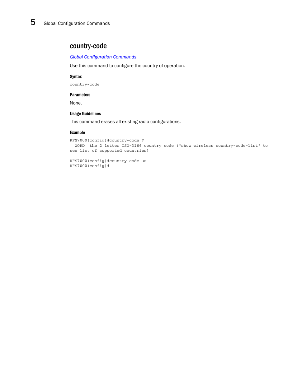Country-code | Brocade Mobility RFS7000-GR Controller CLI Reference Guide (Supporting software release 4.1.0.0-040GR and later) User Manual | Page 196 / 607