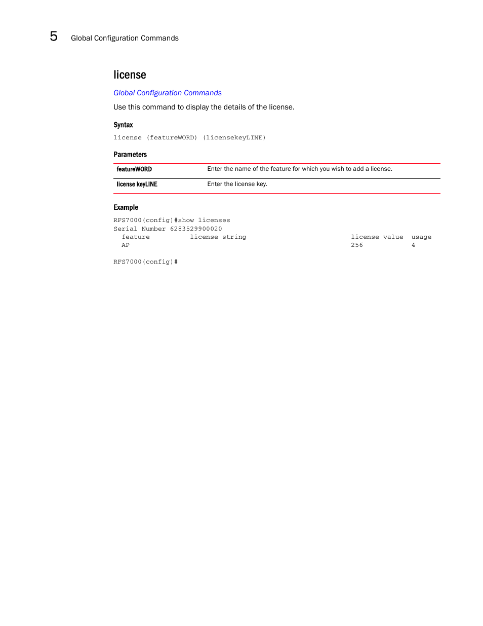 License | Brocade Mobility RFS7000-GR Controller CLI Reference Guide (Supporting software release 4.1.0.0-040GR and later) User Manual | Page 210 / 607