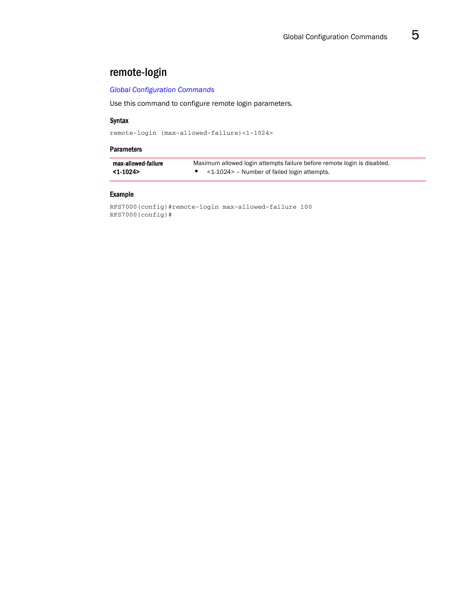 Remote-login | Brocade Mobility RFS7000-GR Controller CLI Reference Guide (Supporting software release 4.1.0.0-040GR and later) User Manual | Page 227 / 607
