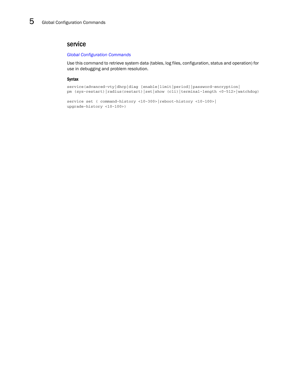 Service | Brocade Mobility RFS7000-GR Controller CLI Reference Guide (Supporting software release 4.1.0.0-040GR and later) User Manual | Page 228 / 607
