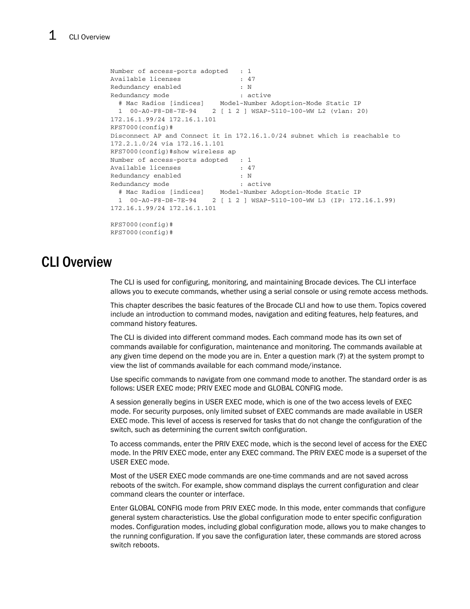 Cli overview | Brocade Mobility RFS7000-GR Controller CLI Reference Guide (Supporting software release 4.1.0.0-040GR and later) User Manual | Page 24 / 607