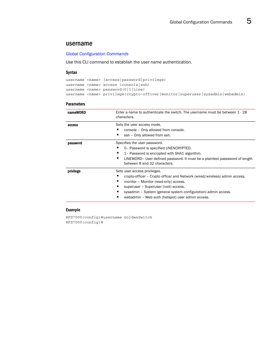 Username | Brocade Mobility RFS7000-GR Controller CLI Reference Guide (Supporting software release 4.1.0.0-040GR and later) User Manual | Page 245 / 607