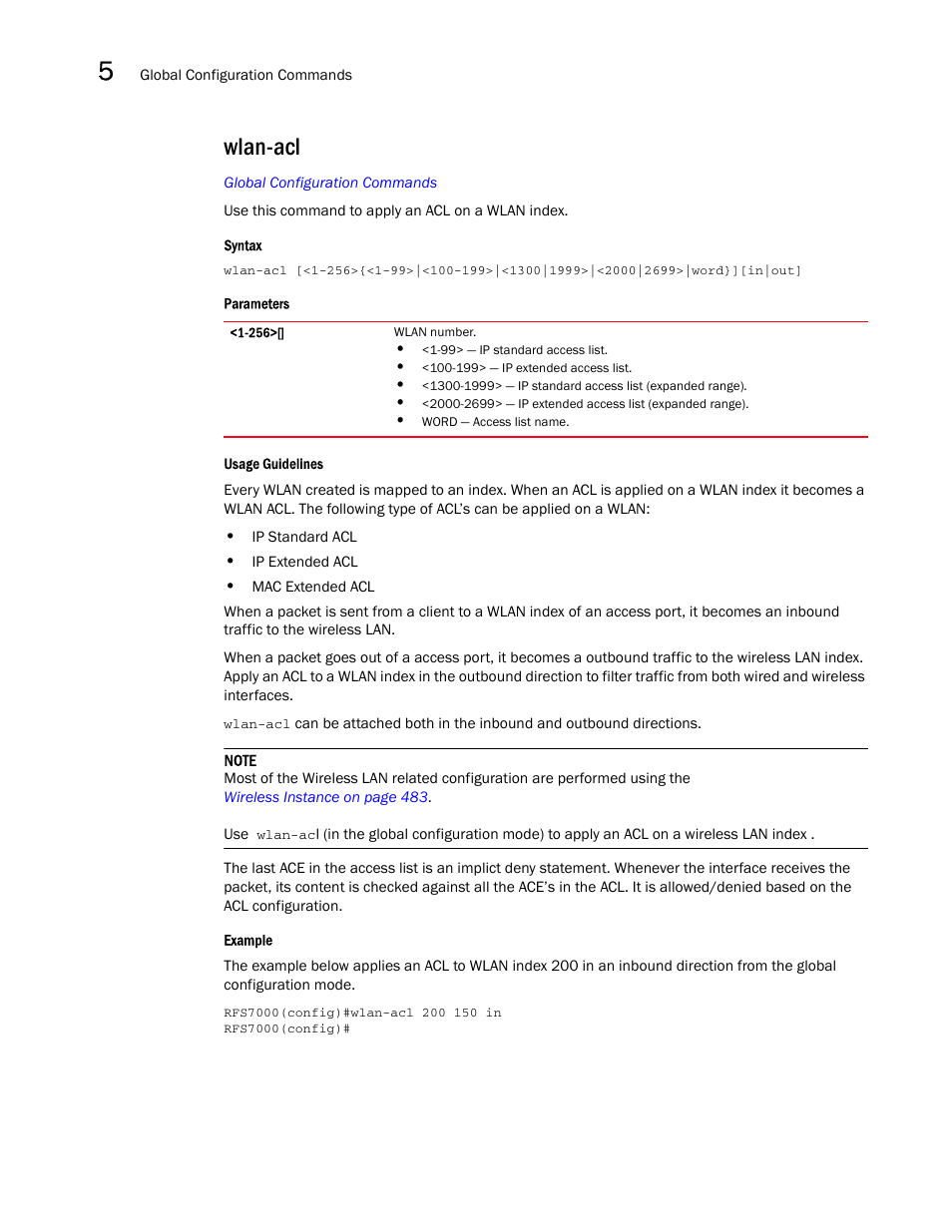 Wlan-acl | Brocade Mobility RFS7000-GR Controller CLI Reference Guide (Supporting software release 4.1.0.0-040GR and later) User Manual | Page 248 / 607