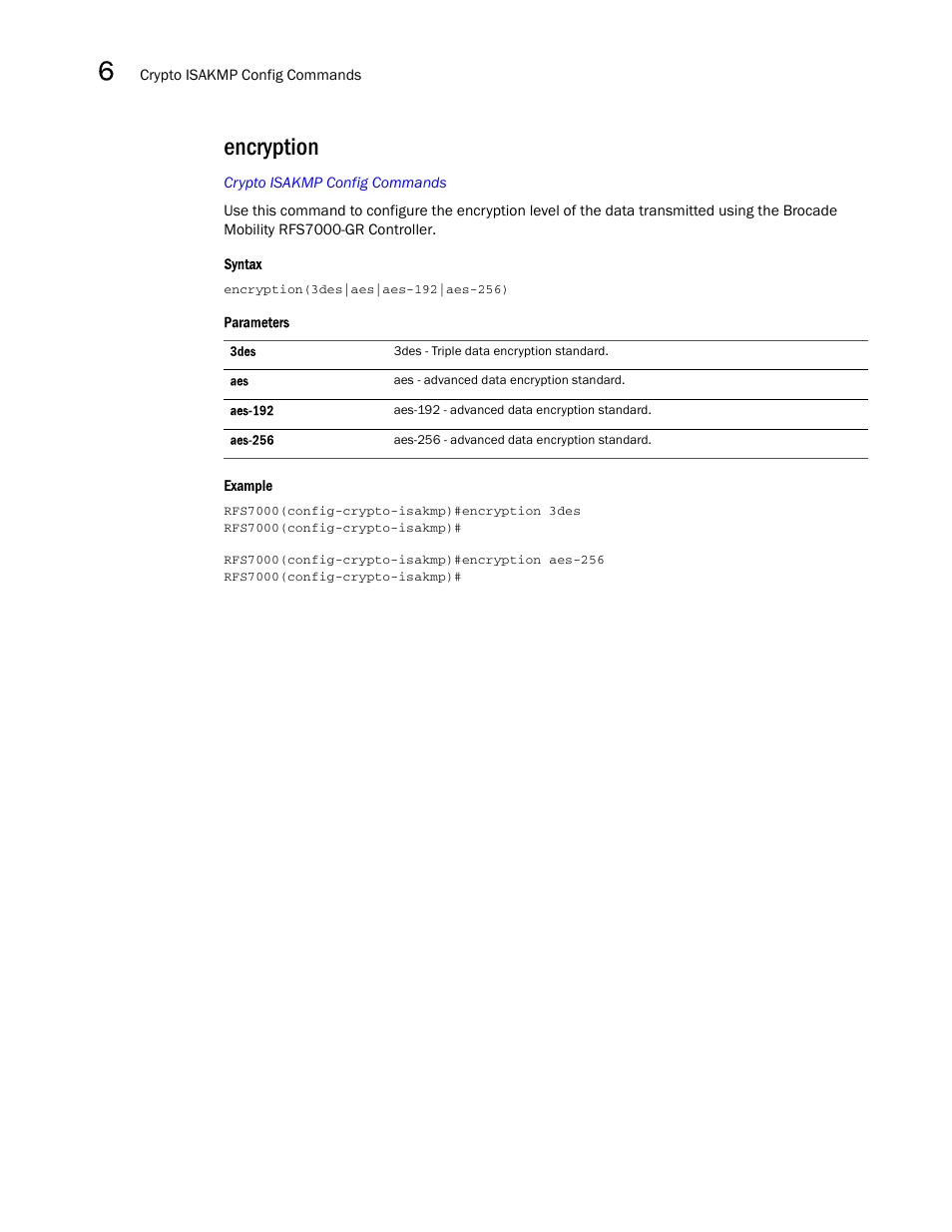 Encryption | Brocade Mobility RFS7000-GR Controller CLI Reference Guide (Supporting software release 4.1.0.0-040GR and later) User Manual | Page 254 / 607