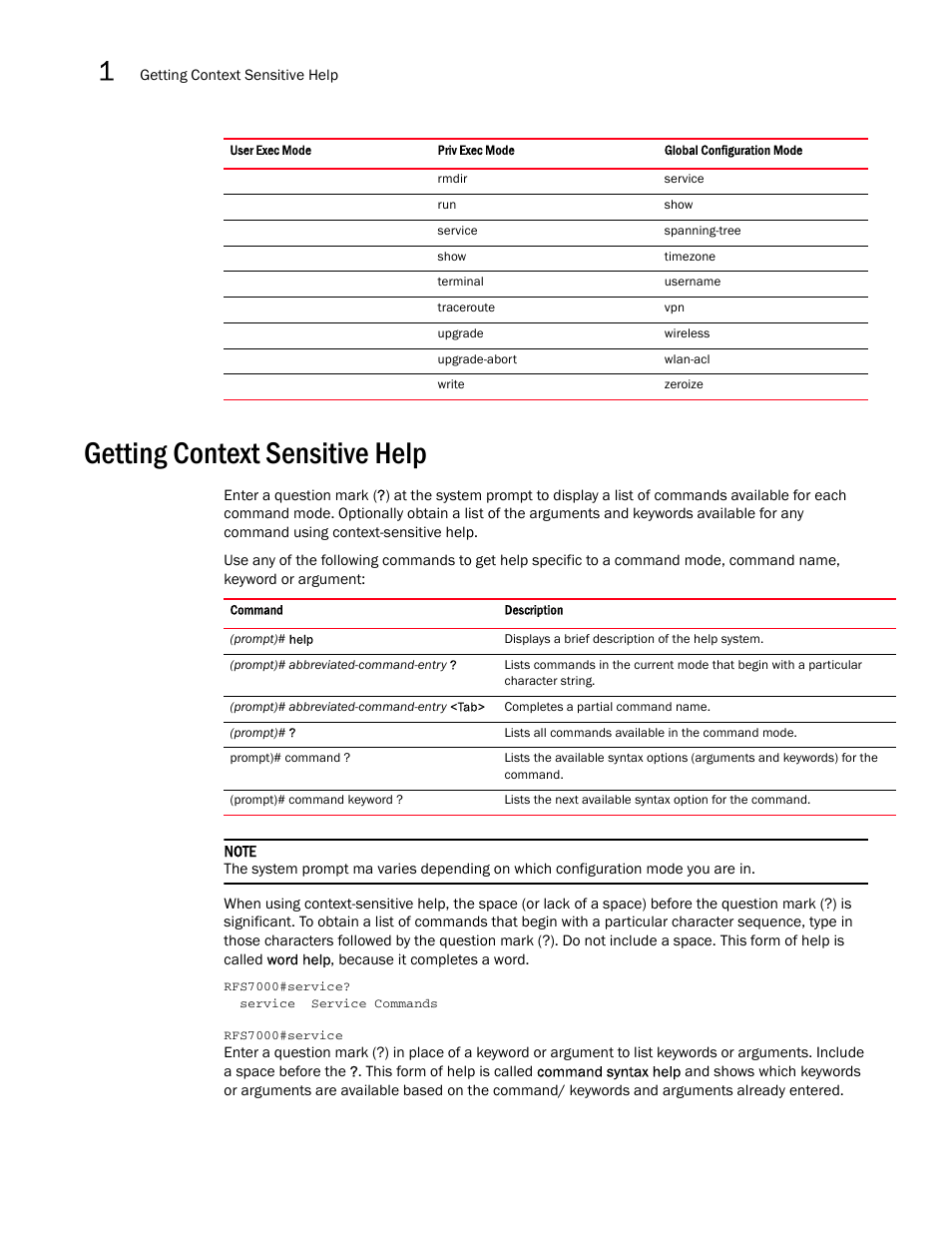 Getting context sensitive help | Brocade Mobility RFS7000-GR Controller CLI Reference Guide (Supporting software release 4.1.0.0-040GR and later) User Manual | Page 26 / 607