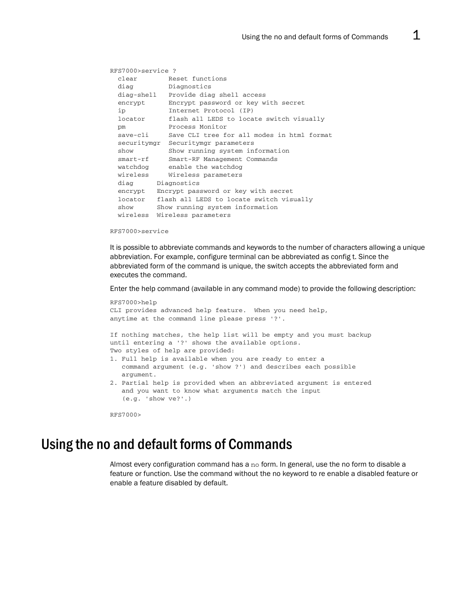 Using the no and default forms of commands | Brocade Mobility RFS7000-GR Controller CLI Reference Guide (Supporting software release 4.1.0.0-040GR and later) User Manual | Page 27 / 607