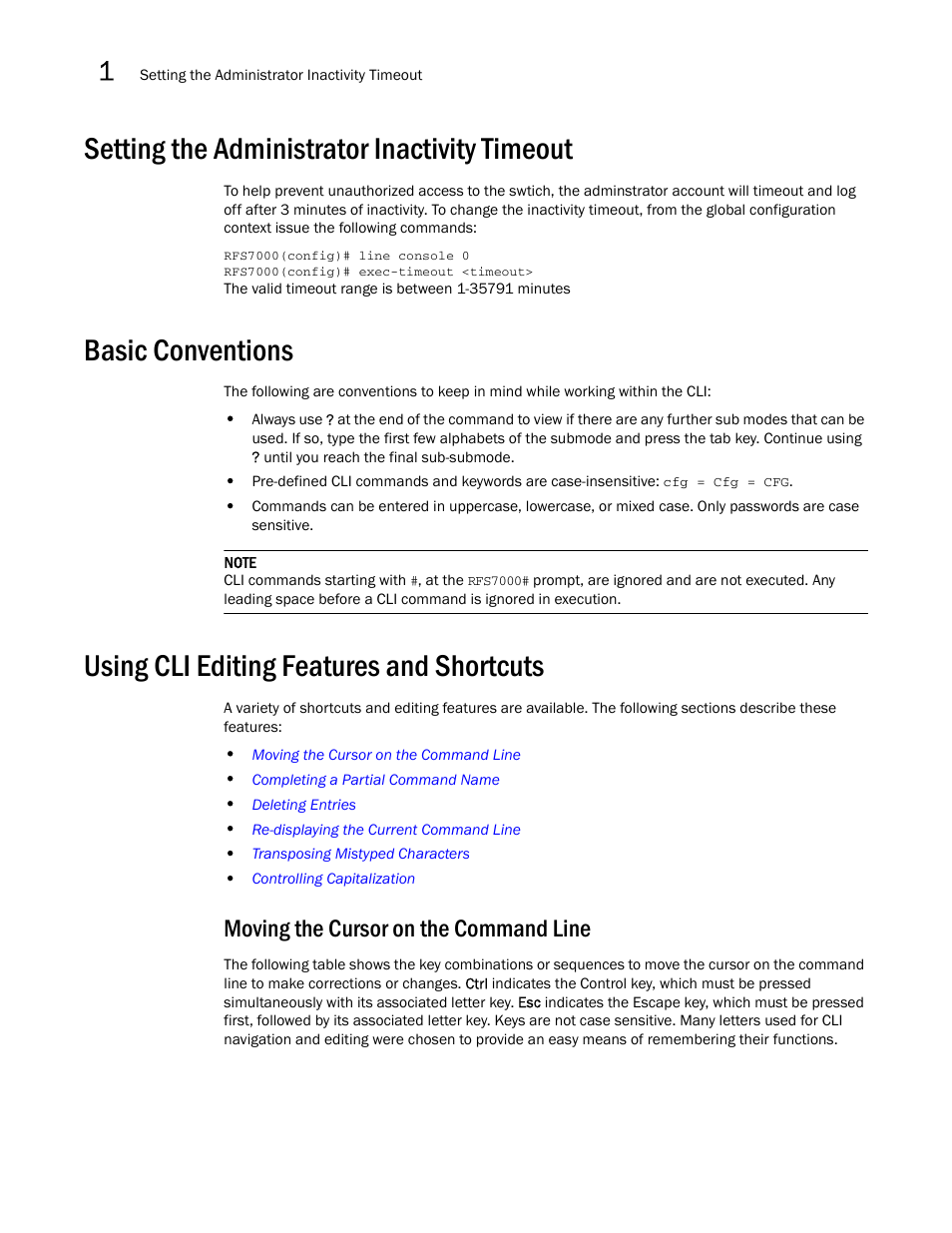 Setting the administrator inactivity timeout, Basic conventions, Using cli editing features and shortcuts | Moving the cursor on the command line | Brocade Mobility RFS7000-GR Controller CLI Reference Guide (Supporting software release 4.1.0.0-040GR and later) User Manual | Page 28 / 607